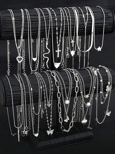 13pcs/12pcs/9pcs/3pcs Fashion Minimalist Silver Butterfly & Heart Faux Pearl Multi-Layer Necklace Set, Women Birthday Vacation Party Gifts, Match With Daily Outfits And Party Accessories