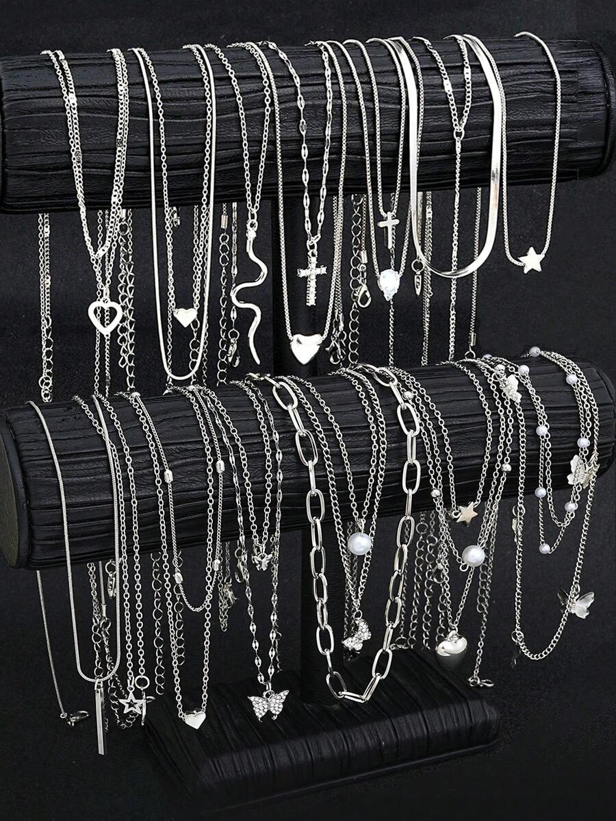 13 件/12 件/9 件/3 件时尚简约银色蝴蝶和心形仿珍珠多层项链套装，女士生日假期派对礼物，搭配日常服装和派对配饰