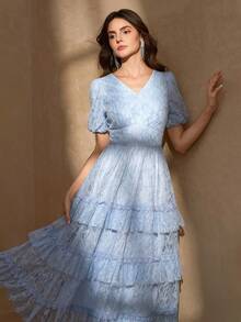 Elegant Lantern Sleeve Layered Ruffle Hem Mermaid Dress With Floral Trim, Romantic A-Line Dress - Baby Blue - View 7