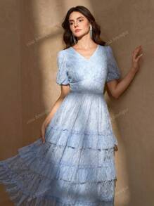 Vestido de sirena con volantes en las mangas de linterna y el bajo, con adorno floral, vestido de línea A romántico