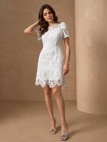 优雅可爱的荷叶边小圆领袖女式奢华迷你连衣裙 - 白色 - 查看 6