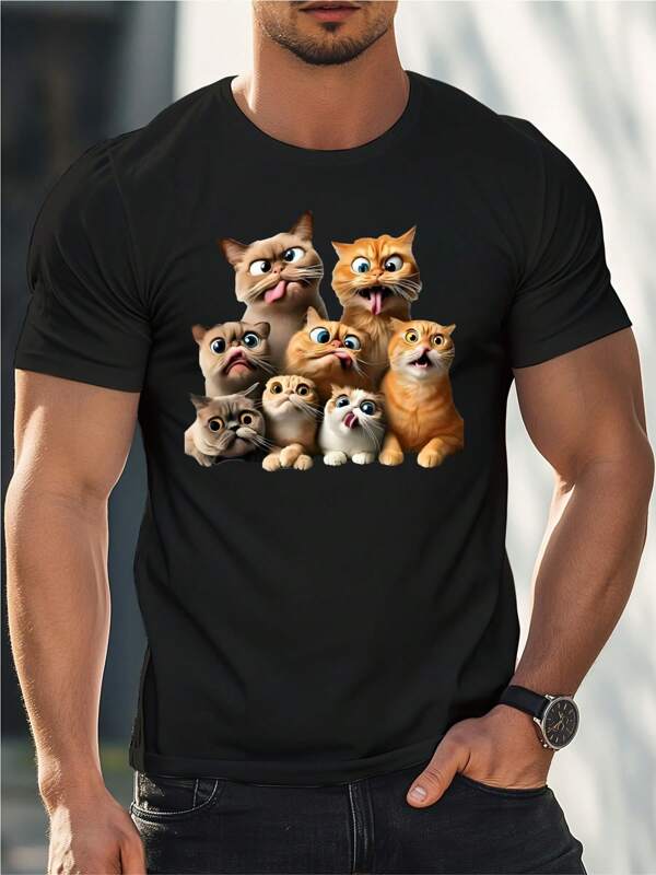 Camiseta de hombre con estampado de gato, cuello redondo, 220 g/m², para verano, de puro algodón, manga corta (1 pieza)