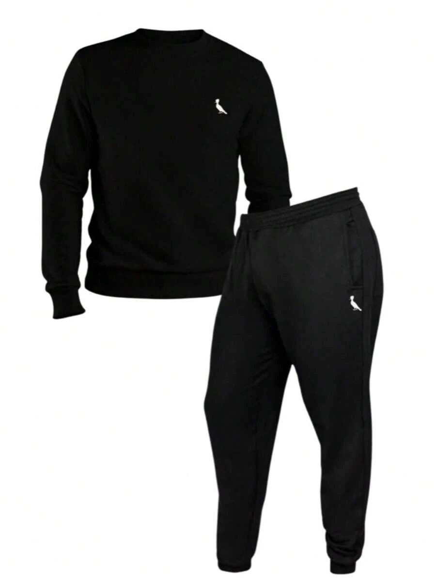 Men's Sweatshirt, Round Neck Hoodless Sweater + New Sweatpants - 黑色 - 查看 1