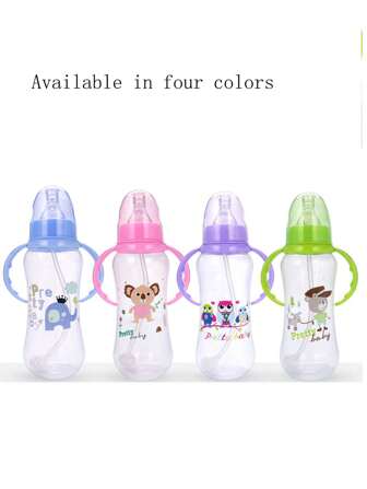 1pc Baby Milk Bottle With Cartoon Silicon Nipple, Shockproof Anti-Choke With Handle, Rotatable, 280ml, Pink Color With Straw And Gravity Ball