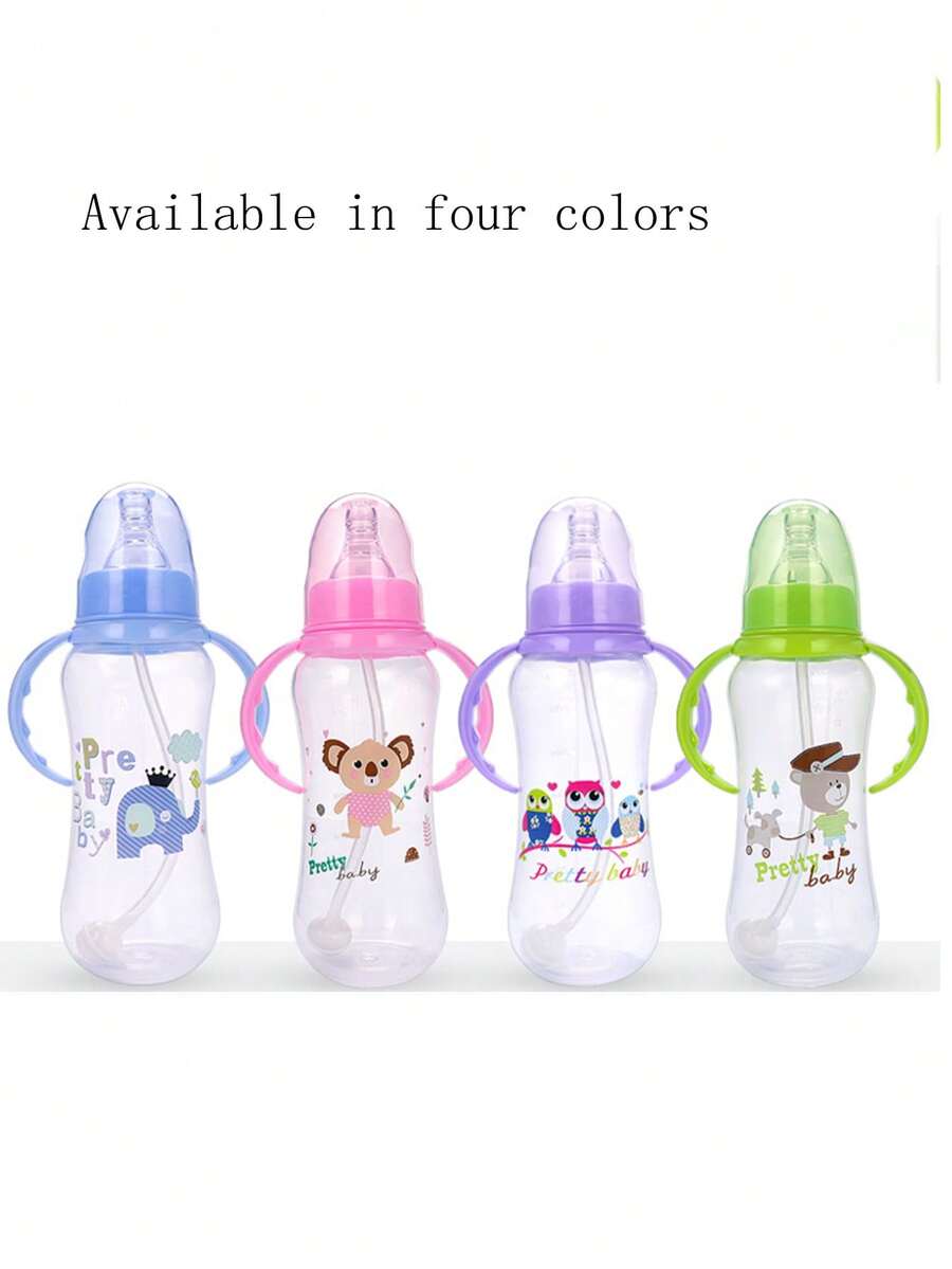 1pc Baby Milk Bottle With Cartoon Silicon Nipple, Shockproof Anti-Choke With Handle, Rotatable, 280ml, Pink Color With Straw And Gravity Ball - Multicolor - View 1
