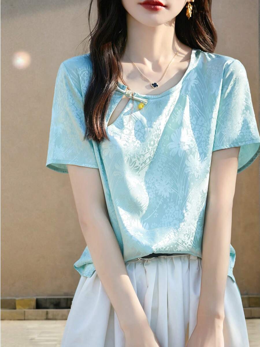 缎面提花简约中式上衣，春夏 - 青碧色 - 查看 1