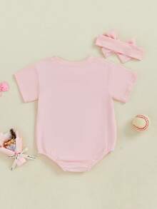 Baseball Baby Girl Outfit Baseball Bowknot Bubble Romper Short Sleeve T-Shirt Bodysuit With Headband Summer Clothes - Pink - View 2