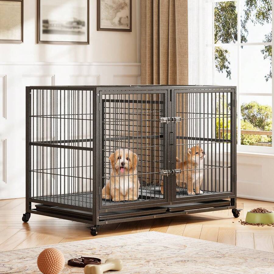 42 Inch Metal Dog Crate, Heavy Duty Dog Crate With Divider, 2 Feeding Door And Bowls, Dog Kennel Indoor With Wheels, For 2 Small Dogs/1 Large Dog - Black - View 1