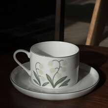 Vintage Style Dark Green Lily Cup And Saucer Set, High-End Ceramic Coffee Cup, Milk Cup, Juice Cup For Home Afternoon Tea Use