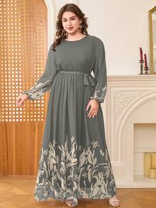 DEARCASE Plus Size Elegant Floral Print Balloon Sleeve A-Line Dress