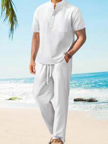 Mens Pants Set Loose Solid Color Short Sleeve Henley Tops Drawstring Pants 2 Piece Causal Outfit