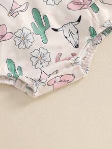 0-18 Months Baby Girl Romper Cactus Flower Cow Pattern Ruffled Flying Sleeve Newborn Jumpsuit Perfect For Summer - 杏色 - 查看 7