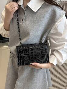 迷你时尚女士复古单肩包，金属链条轻便斜挎包，PU材质，休闲翻盖方包，鳄鱼皮纹包，女孩购物包，适合女性日常通勤，小巧便携 - 黑色 - 查看 4
