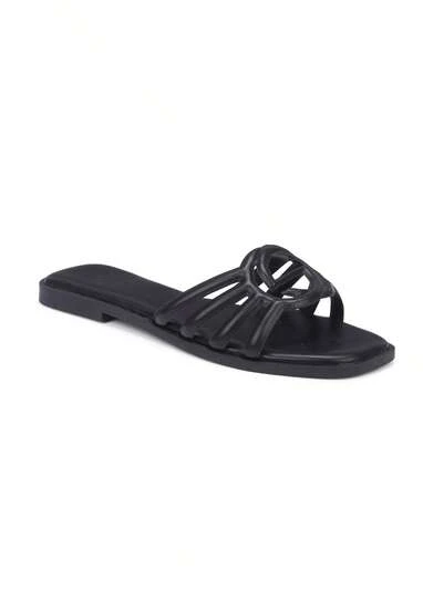 Truffle Collection Women's Slip On Sandals In Black Polyurethane - Size UK 3-8 / EU 36-41 / US 5-10 - Shipped Directly From The UK- Delivery In 3-5 Days! - Ladies Open Toe Summer Flats, Comfortable Stylish Casual Everyday Holiday Party Beach Vacation Footwear