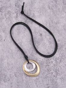 1pc Fashionable Luxury Minimalist Mixed Geometric Golden & Silver Asymmetrical Twist Pattern Double Ring Alloy Pendant Necklace, Wax Cord Knotted Long Chain, Gift For Mother Or Girlfriend - Geometric - View 18