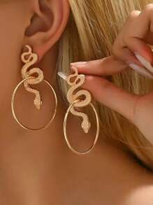 1 Pair Vintage Geometric Big Round Hoop & Snake Pendant Earrings, Exaggerated Minimalist Style