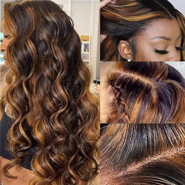 Perruque longue bouclée à grosse vague de style européen et américain pour femmes, avec raie au milieu, couleur piano. Coiffure synthétique avec doublure rose à l'intérieur