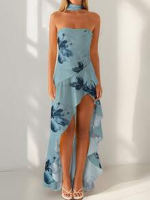 Women Casual Tube Dress Summer Solid Color/Floral Print High Low Ruffles Dress With Scarf For Cocktail Streetwear - 藍色 - 查看 4