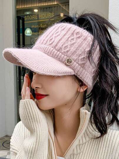 Women's Winter Knit Beanie Hat With Lining, Non-Stretch Acrylic Material, Flat Top Cap, Knitted Construction, Breathable Beret Hats For Women - Foldable Design For All Seasons, Stripe Craftsmanship, Inelastic, Holiday Theme