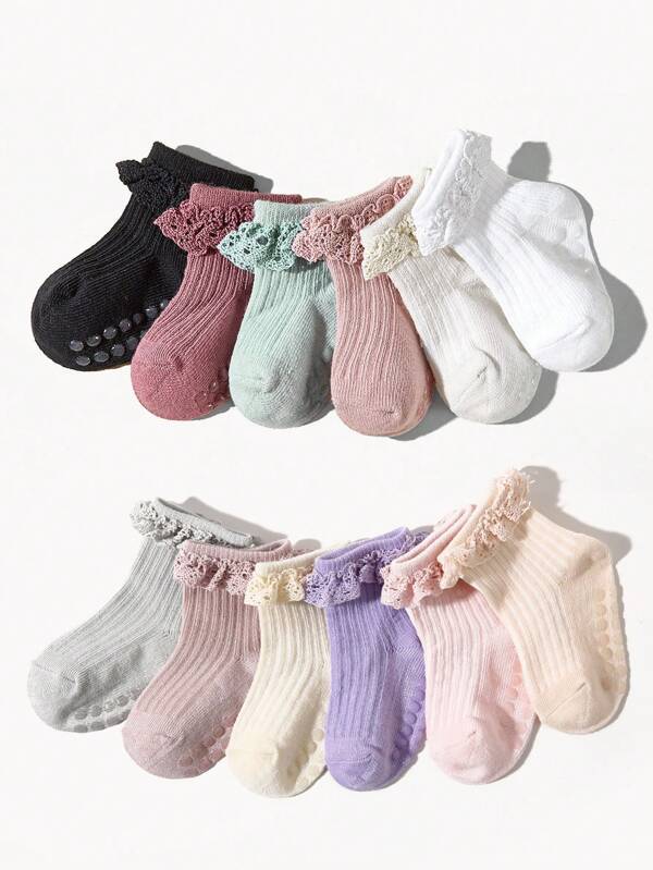 12/6/1 Pairs Baby Girls Solid Color Socks, Cute Non-Slip Lace Trim Short Socks, Soft Comfortable Breathable, Suitable For Festivals Gifts Or Daily Wear, Spring/Summer
