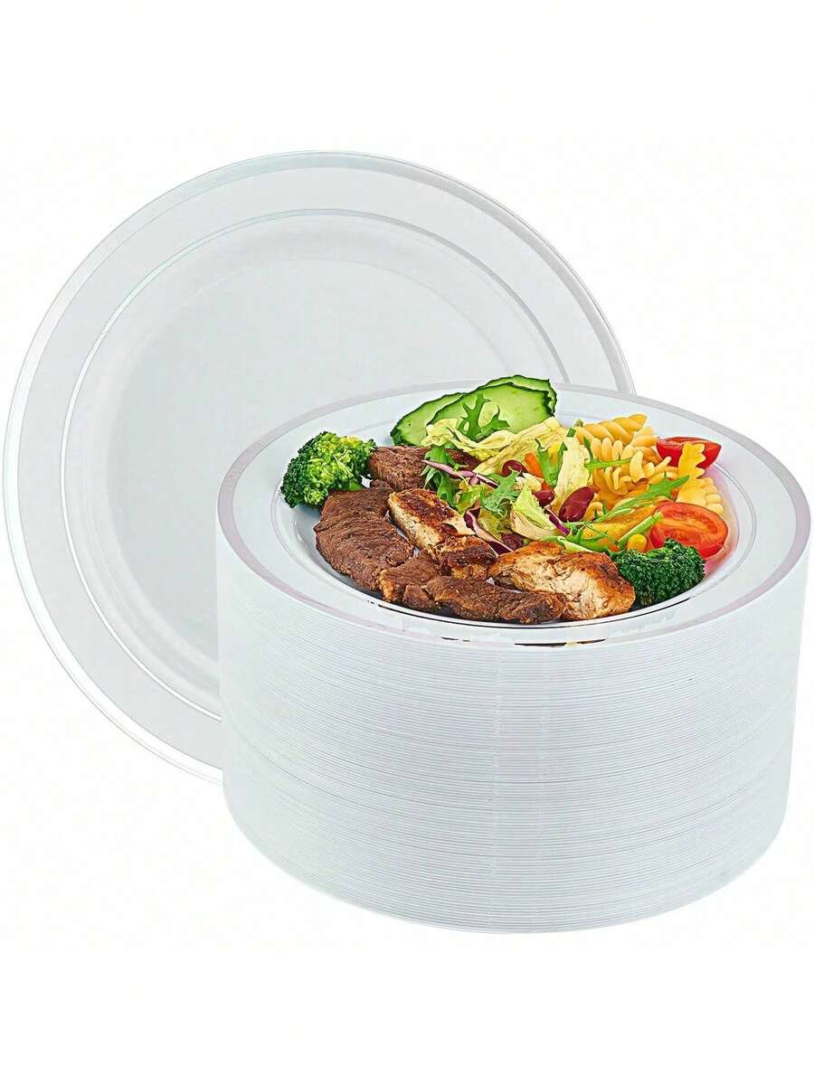100 Piece Silver Plastic Christmas Plates Disposable, 10 Inch White Plates With Silver Rim Heavy Duty Plastic Party Plates, Elegant Durable Dinner Plastic Plates For Party - Silver - View 1