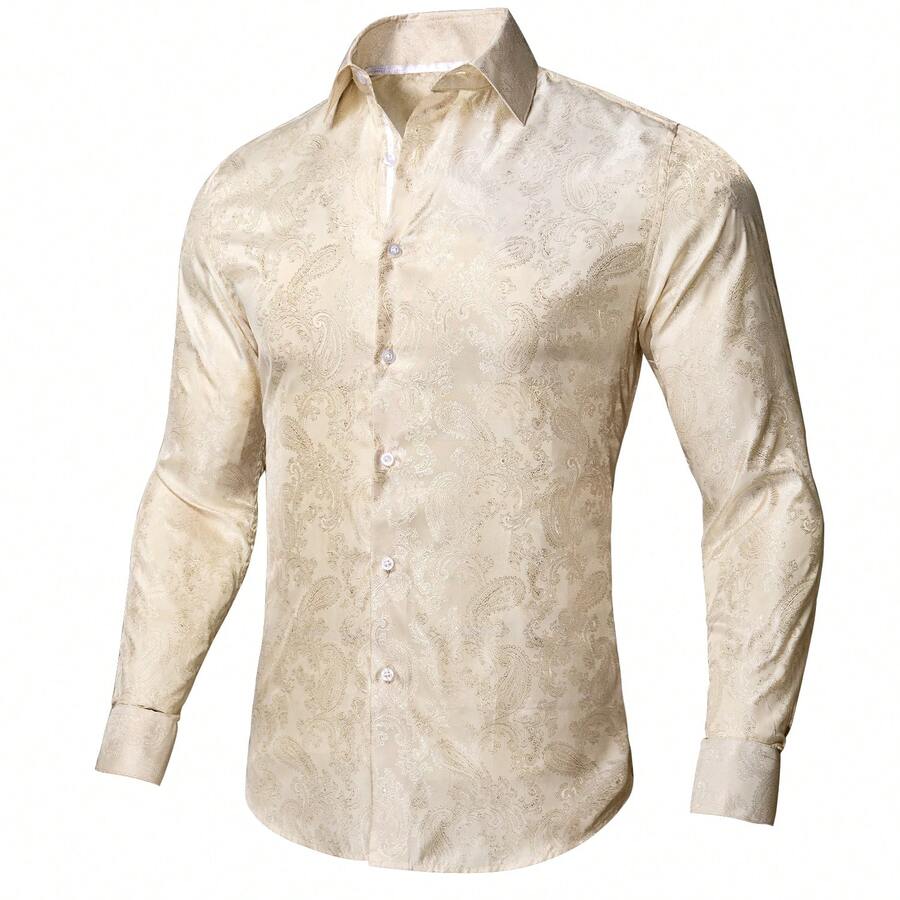 Mens Shirt Long Sleeve Ivory Paisley Regular Fit Button Tops Wedding Formal Casual Coats - Rượu sâm banh - Xem 1