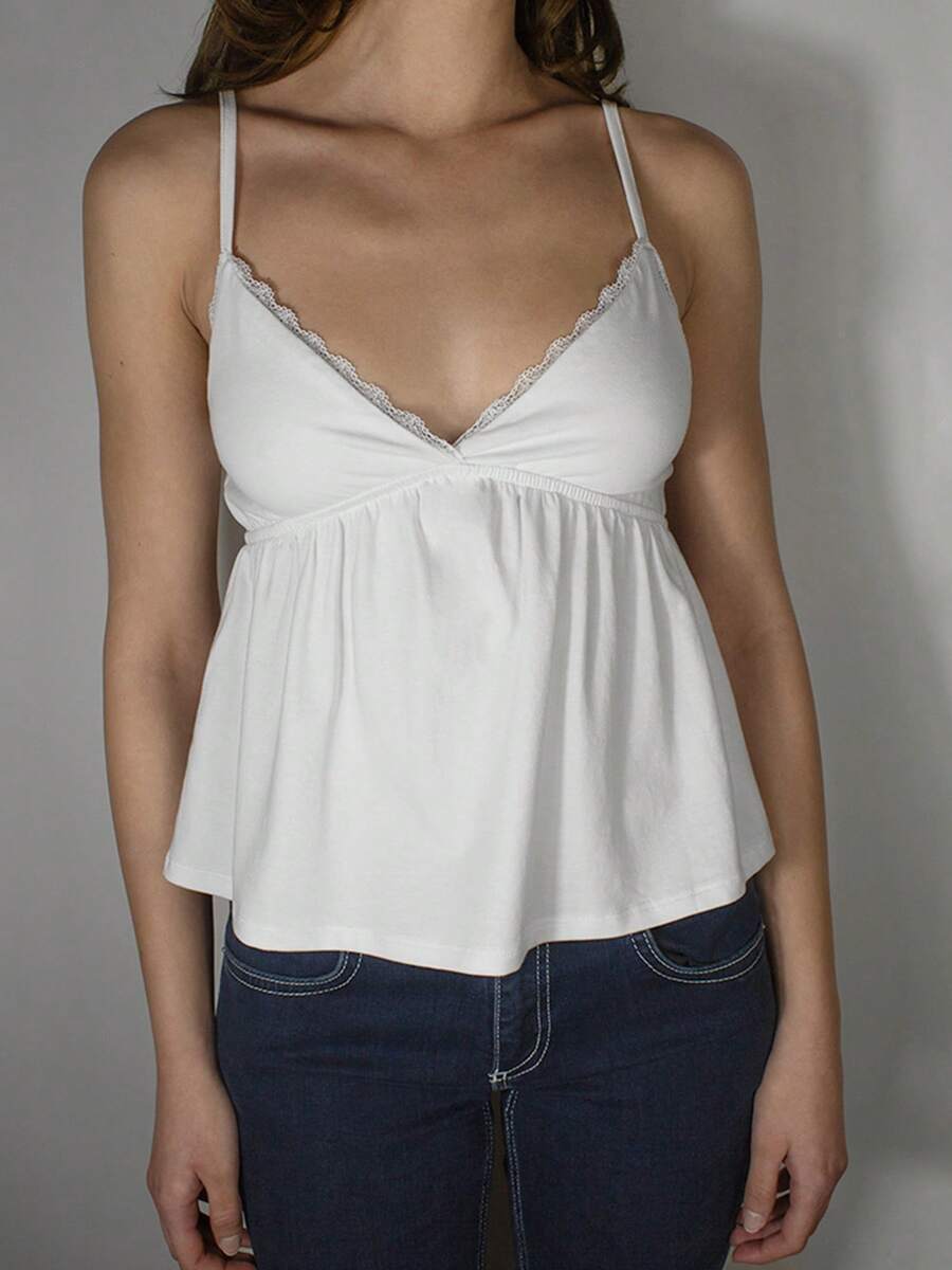 Women's Summer Babydoll Tops Sleeveless Spaghetti Strap Lace Trim Camisole Cami Tank Tops - 白色 - 查看 1