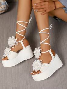 Sandal đế xuồng cao gót chống thấm nước, kiểu dáng tối giản, họa tiết hoa, thời trang dành cho nữ, thích hợp cho trang phục mùa xuân hè. - trắng - Xem 4