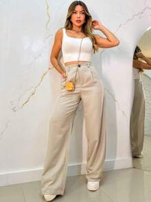 Women's Tailored Wide Leg Pants With Button And Zipper - Beige - View 2
