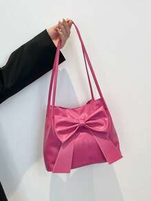 Fashion New Bucket Pink Shoulder Bag, Bow Decor, Shoulder Handbag, Tote Bag, Solid Color, For Women, Suitable For Spring/Summer - Hot Pink - View 4