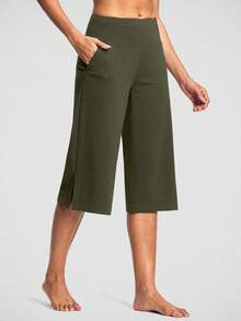 Women's Wide Leg Yoga Capris High Waist Loose Fit Dress Pants With Pockets Casual Lounge Capri Pants For Women - 軍綠色 - 查看 2