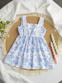 Baby Girls Lace Trim Off Shoulder Sleeveless Bow Decor Dress, Summer - Blue - View 2