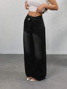 复古黑色宽松直筒牛仔裤，休闲男友风时尚牛仔裤，女士春夏款 - 黑色 - 查看 7