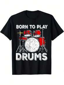 Camiseta de verano Born to Play Drums, cuello redondo, 100% algodón, camiseta de manga corta para mujeres y hombres, camiseta familiar, regalo divertido, ajuste regular, tela cómoda y elástica, camisetas de algodón para todas las estaciones - Negro - Ver 2