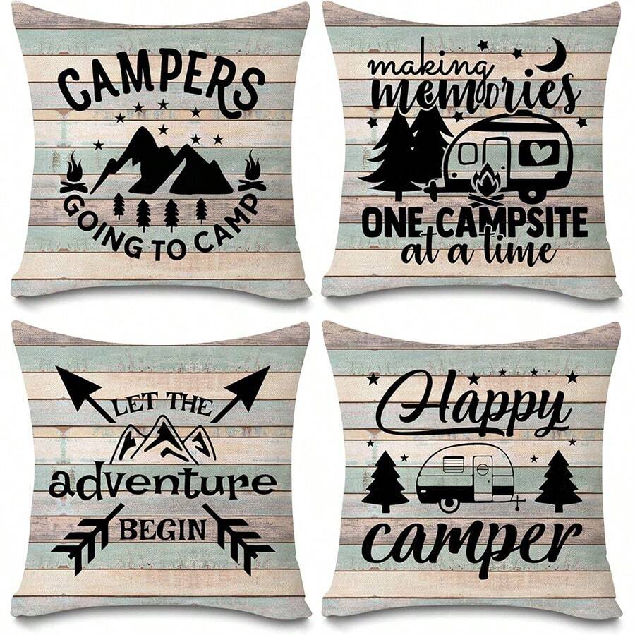 4pcs, Polyester,Happy Camper Pillow Covers Vintage Rustic Wood Background Inspirational Quotes Home Outdoor Decorative Throw Pillow Case Cushion Cover Set Of 4, 16x16 18x18 20x20 Inches,Single-Sided,No Pillow Core - Multicolor - View 1