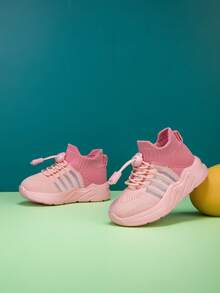 New Soft, Breathable & Non-Slip Casual Sport Shoes With Elastic Mesh For Kids, Simple Design, Suitable For All Seasons, Lightweight And Easy To Wear - Pink - View 8
