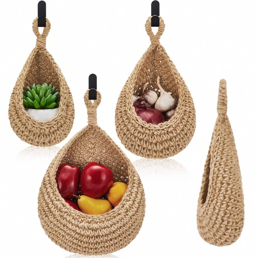 1 buc. Coș suspendat țesut în stil boem, formă creativă de lacrimă, potrivit pentru legume și fructe, coș de depozitare pentru bucătărie, rechizite de bucătărie