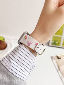 1Pc Women Pink Bow Cherry Flower Embroidered Leather Strap Compatible With Apple Watch Band 38/40/41/42/44/45/49/(S10 42)/(S10 46)Mm, Compatible With Watch Strap S10/Ultra/Se/9/8/7/6/5/4/3/2/1,Stylish And Lovely,INS Style,Watch Band,Smart Watch Band,Mother's Day/Daily/Party Gift