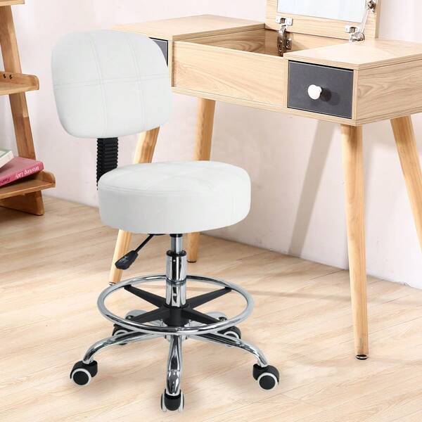 KKTONER Round Drafting Office Chair Swivel Stool With Back Adjustable Foot Rest Rolling Stool With Wheels Thick PU Leather White Task Chair