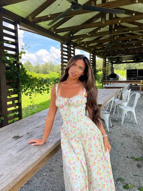 ii Vestido midi con estampado floral, vestidos fluidos con abertura, vestido casual de línea A para el verano
