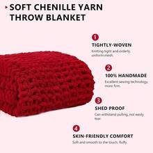 Chunky Knit Blanket - Soft Chenille Yarn Throws 40x50: Handmade Thick Cable Crochet Blanket - Large Chunky Yarn Rope Knot Throw For Couch, Sofa, Bed Home Decor - 紅色 - 查看 2