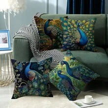 4件套复古桃皮印花靠垫套-油画孔雀，45*45cm（不含内垫）