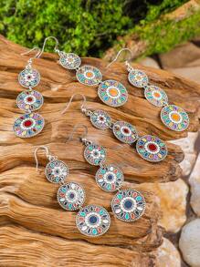 TopHanqi 3 Pairs Bohemian Retro Style Women's Earrings Set, Multi-Layer Painted Geometric Circle Sun Flower Pendant Earrings, Versatile Daily/Party/Commute Accessories, All Season