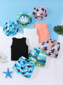 Set casual da spiaggia da 9 pezzi per bambini maschi, composto da canotta senza maniche con stampe di squali e palme + pantaloncini stampati