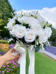 10英寸心形水晶新娘捧花，蕾丝蝴蝶结丝绸玫瑰婚礼仪式道具，毕业舞会礼物