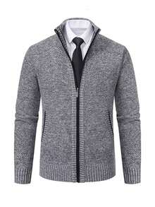 Chaqueta de sudadera con cremallera en el cuello, de manga larga y forro térmico para hombre, cálida para otoño/invierno - Gris Claro - Ver 4