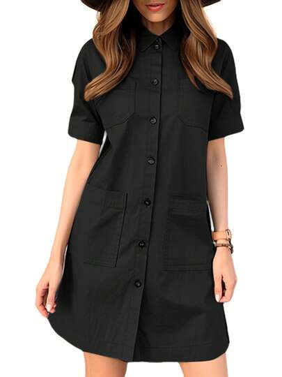 ZANZEA Women Buttons Short Sleeve Pocket Cargo Shirt Dresses Summer Casual Knee Length Dress