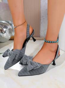A Pair Of Striped Bow-Tipped High-Heeled Sandals, Girls' Spring And Summer Temperament, Light-Mouth Thin-Heeled Bag-Head Shoes, Empty Sandals Behind The Bag-Head.
