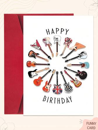 1张趣味十足的彩色吉他主题生日贺卡，印有“生日快乐”字样。设计包含各种电吉他和原声吉他图案，是送给音乐爱好者、朋友和家人的完美礼物。