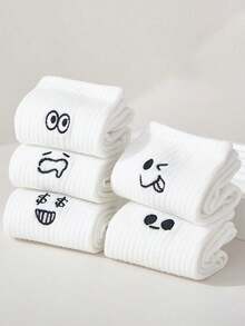 5 Pairs/Pack White Couple Cartoon Expression Design Simple & Breathable Socks - Multicolor - View 1